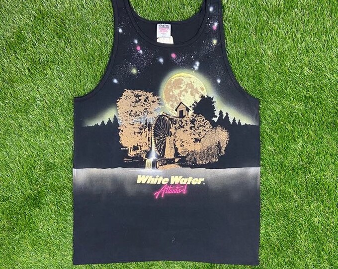 Vintage White Water Atlanta Water Wheel Star Shirts Tank Top Unique Handmade Large Made USA Neon 90s Galaxy Moon Rare Deadstock Retro 80s