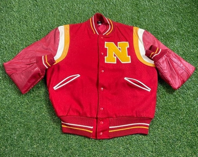 Vintage Multicolor Letter N Varsity Bomber Jacket Size 44 Large L Varsity Style 1950s 50s Classic Sports Coat Jacket