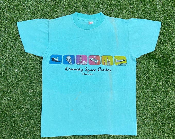 Vintage Kennedy Space Center T Shirt Tee Made USA Size Medium M One Giant Leap for Mankind Florida Unique Galaxy Moon Space NASA 1980s 80s