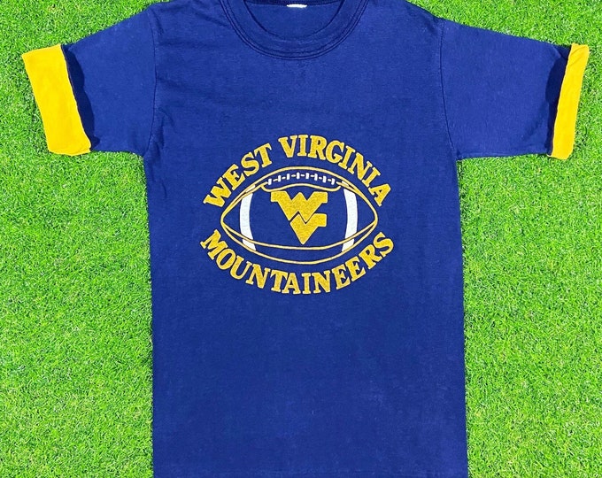 Vintage West Virginia University Spell Out Roll Up Sleeves T Shirt Tee Small Mountaineers WVU Football Big East Classic 70s 1970s NCAA