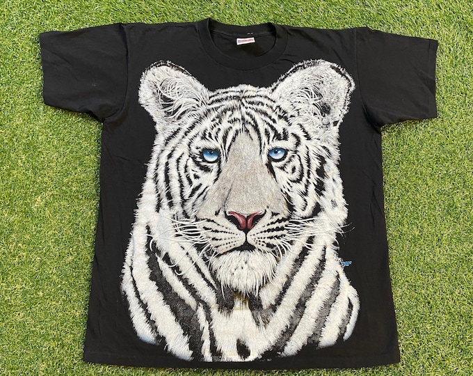 Vintage White Tiger T Shirt Tee Made USA Size Large L Big Cat Animals Jungle Safari Classic 1990s 90s