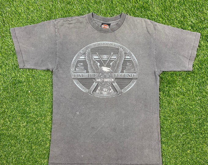 Vintage Harley Davidson Chuck's T Shirt Tee Made USA Size Large L HOG 3D Motorcycle Truckers Biker Bloomington Illinois 90s 1990s