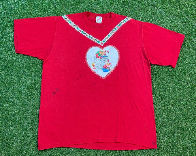 Vintage Christmas T Shirt Tee Jerzees Made USA Size Xtra Large XL Presents Gifts Holiday Party Merry Xmas Classic Santa Claus Ornaments