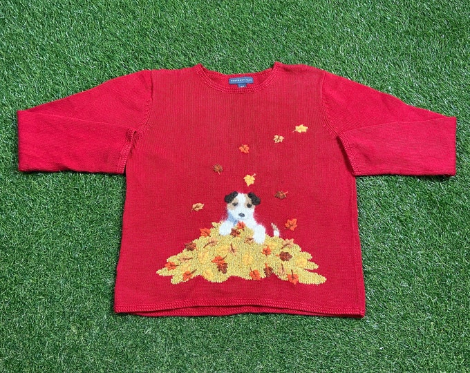 Vintage Autumn Knit Sweater Size Small S Embroidered Fall Leaves Doggy Puppy Warm 1980s 80s