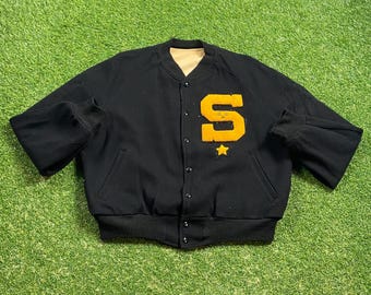 Vintage Black Beige Reversible Varsity Bomber Jacket Size 44 High School Varsity Style 1980s 80s Classic Sports Coat Jacket