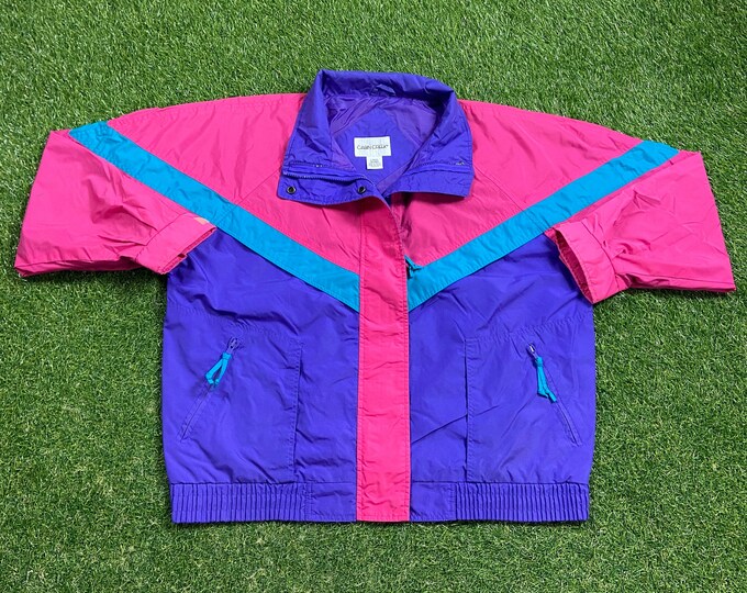 Vintage Graphic Windbreaker Zip Up Jacket Cabin Creek Size Large L Multicolor Streetwear Sport Active Wear Classic Light Rain Coat 1990s