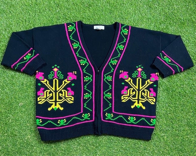 Vintage Floral Knitted Cardigan Sweater Size Small S Flower Quality Comfortable Fit 1990s Original Fall Winter Warm Cozy 90s