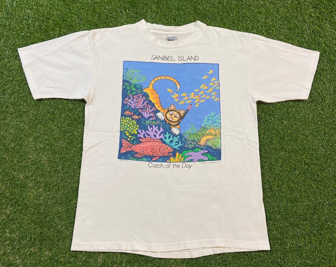 Vintage Sanibel Island T Shirt Tee Fabric Art Made USA Size Large L Cat Fish Tropical Islands Florida Beach 1990s 90s