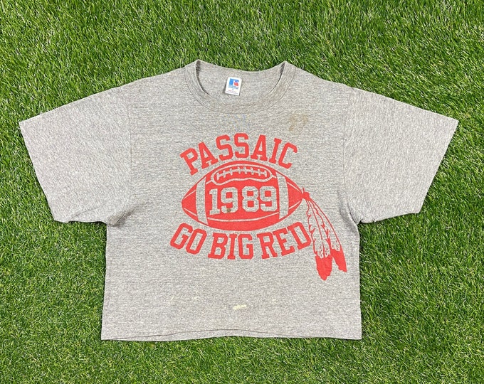 Vintage Passaic 1989 Go Big Red Crop Top T Shirt Tee Russell Athletic Tri Blend Made USA Size Medium M New Jersey NJ