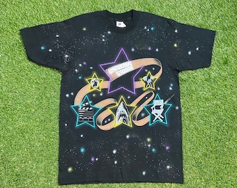 Vintage Universal Studios T Shirt Size Large Unique Handmade Galaxy Stars Neon Classic Film Theme Park 90s Deadstock Crazy 80s Rare NWT