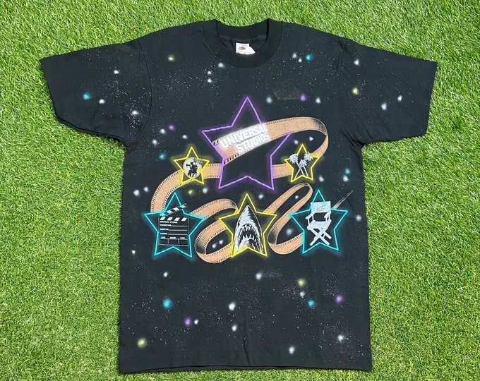 Vintage Universal Studios T Shirt Size Large Unique Handmade Galaxy Stars Neon Classic Film Theme Park 90s Deadstock Crazy 80s Rare NWT