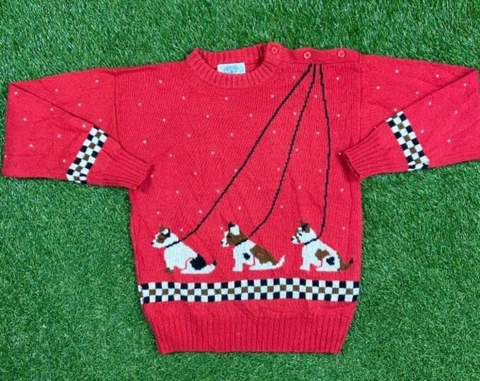 Vintage Dog Red Wool Crewneck Sweater Miller's Size Medium M Puppy Breed Pull Over Comfy Warm Cute