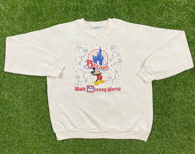 Vintage Walt Disney World 15 Years Anniversary Crewneck Sweater Disney Character Fashions Made USA Size Large L Magic Kingdom Micky Mouse