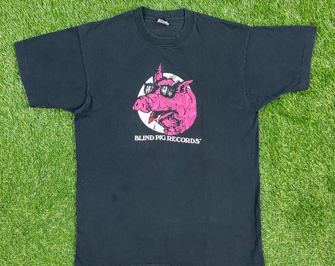 Vintage Blind Pig Records T Shirt Tee Fruit of the Loom Made USA Large L American Blues Independent Record Label Ann Harbor Michigan 1980s