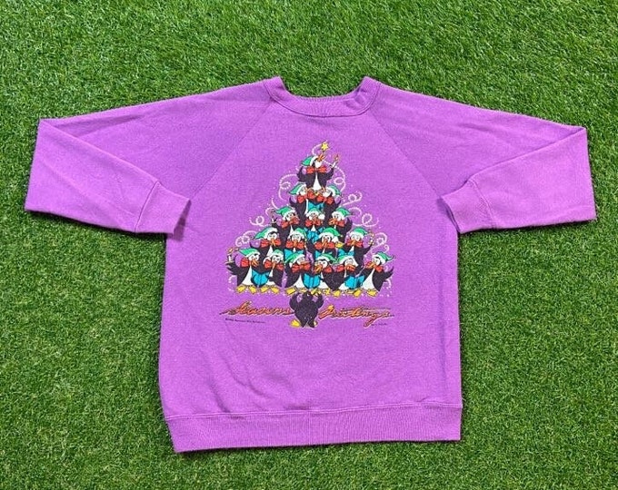 Ugly Christmas Sweater Vintage Tacky Holiday Party Merry Santa Classic Seasons Greetings Made USA Size Medium M Xmas 90s 80s Penguins
