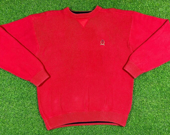 Vintage Tommy Hilfiger Knit Crewneck Sweater Pull Over Xtra Large Quality 90s TH Comfortable 1990's Fit Red Streetwear Oversized XL Flag