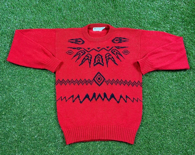 Vintage Red Knit Crewneck Sweater Parker of Vienna Size Medium M Quality Warm Winter Fashion Pull Over 1980s 80s