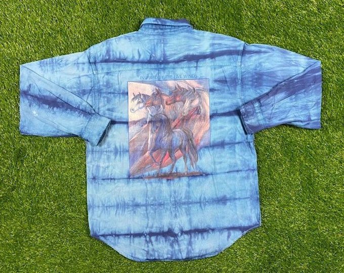 Vintage Blue Inspired by the Five Winds Button Down Shirt Size Medium Original 1980s 80s Classic M All Over Print
