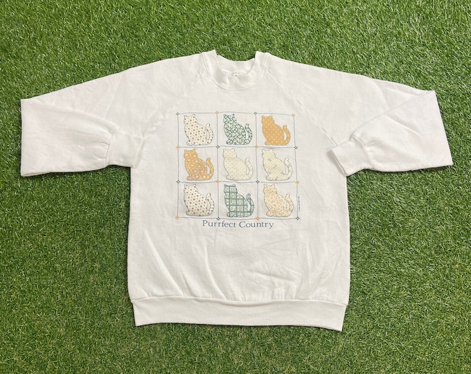 Vintage Purrfect Country Crewneck Sweatshirt Made USA Size Medium M Cats Felis Catus Kittens Pull Over Oversized 1980s 80s