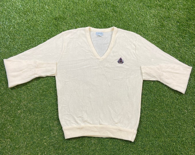 Vintage Izod V Neck Sweater Made USA Size Medium M White 1980s 80s Lacoste Crocodile Designer Paris Streetwear Comfy