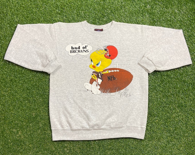 Vintage Cleveland Browns Crewneck Sweatshirt Made USA Size Medium M NFL Football Ohio Cavs Dog Pound Tweety Bird Looney Tunes 1990s 90s