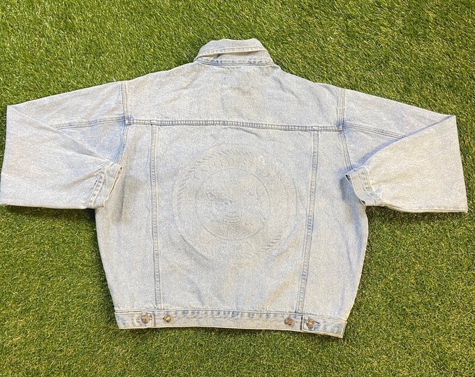 Vintage Blue Jean Jacket United States Army Embossed Most Wanted Size Large L Classic Blue Jean Jacket Button Down