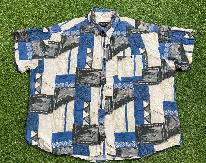 Vintage Artsy Button Down Shirt Tribes Size 3X Wacky Fun Art Original Classic Party Festival Pop 1980s 80s Oversized