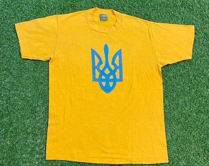 Vintage Yellow Blue T Shirt Tee Jerzees Made USA Size Large L Quality 1990's Original 90s