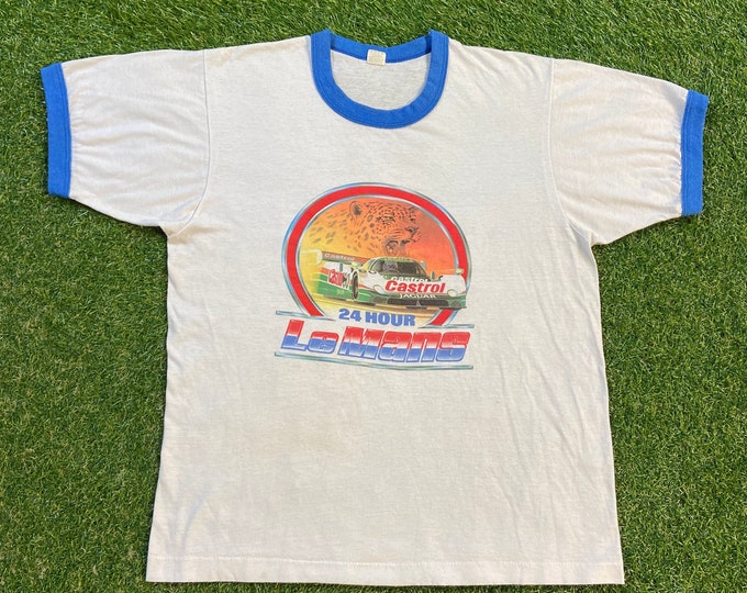 Vintage Castro Jaguar Le Mans T Shirt Tee Screen Stars Made USA Size Large L Speedway NASCAR Motorsports Formula Racing 1980s 80s
