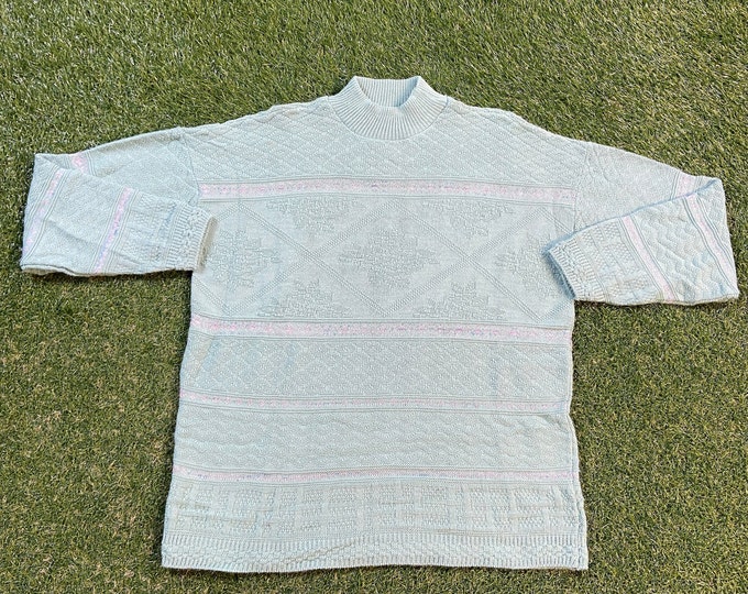 Vintage Green Knit Crewneck Sweater Basic Editions Made USA Size Large L Quality Warm Winter Fashion Pull Over 1980s 80s