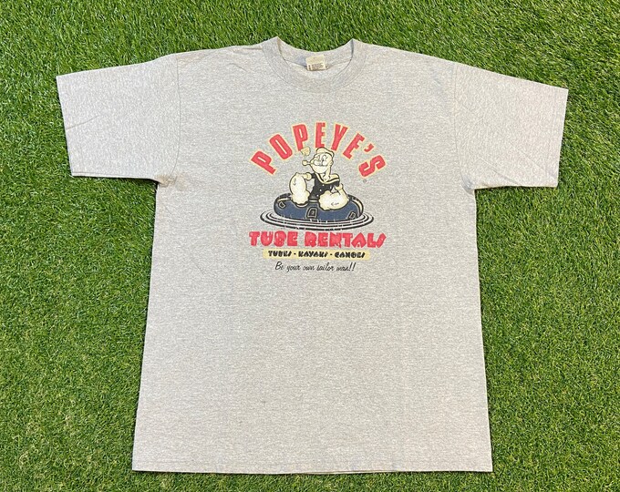 Vintage Popeye the Sailor Tube Rentals T Shirt Tee Anvil Size Large L Classic Cartoon Animation Universal Studios Florida Theme Park 1990s