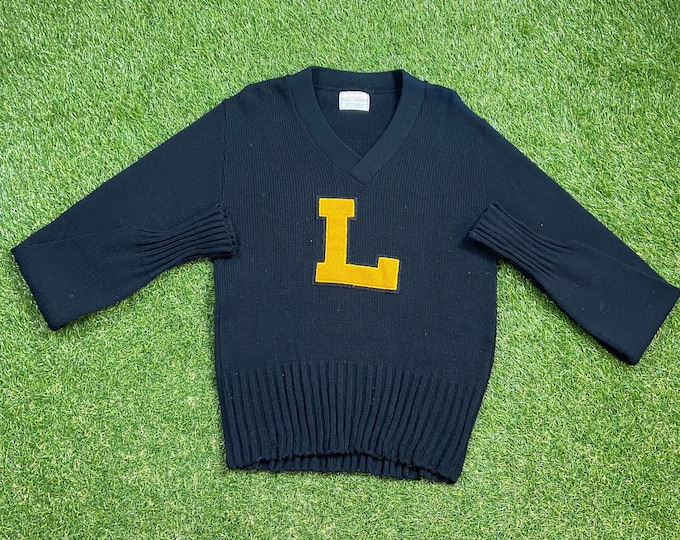 Vintage Blue Knit V Neck Sweater Size Small S Quality Warm Winter Fashion Pull Over 1960s 60s L Varsity School Sweater