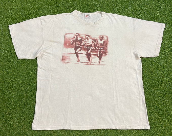 Vintage Boston Running T Shirt Tee Nike Made USA Size XXL 2XL Massachusetts New England Classic Marathon 1990s 90s