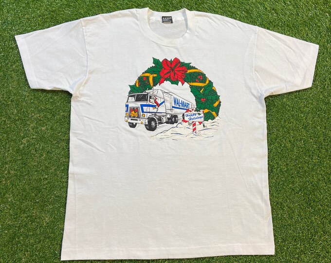 Vintage Wal Mart T Shirt Tee Fruit of the Loom Made USA Size Xtra Large XL Happy Holidays Christmas Shopping Target KMART Department Store