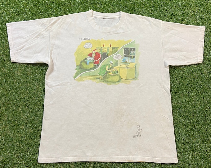 Vintage The Far Side Christmas T Shirt Tee Size Large L Merry XMAS Santa Claus Graphic Comic Book Original 1980s 80s Holidays