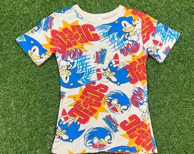 Rare Vintage Sonic the Hedgehog T Shirt Tee Made USA Youth Medium Animation TV Cartoon Japanese Anime Original Video Game 1980s 80s All Over
