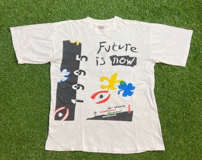 Vintage Future is Now T Shirt Tee Made USA Size Large L Jamboree Mondial Holland Neatherlands Europe All Over Print 1990s 90s Amsterdam