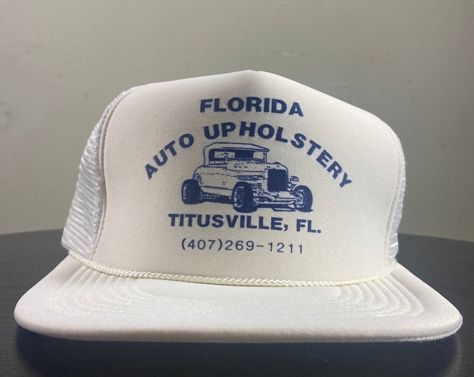 Vintage Florida Auto Upholstery Snapback Hat OSFA Titusville Florida Mechanic Machinery Automotive Manufacturer 1980s 80s