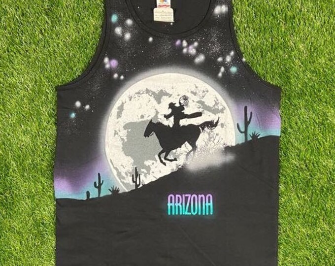 Vintage Arizona Ghost Rider Mystery Night Star Tank Top Unique Handmade Made in USA Neon 90s Galaxy Moon Rare Cowboy Deadstock Retro Cactus