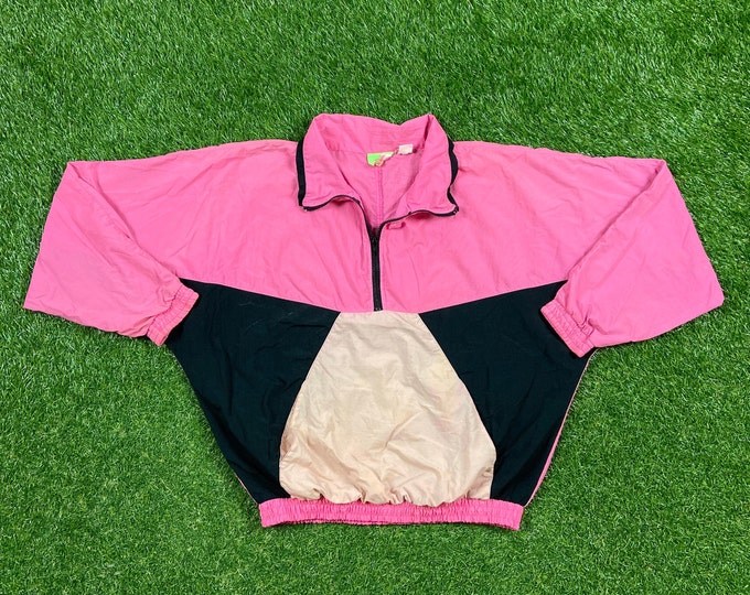 Vintage Shell Shock Windbreaker Jacket Size Large L Multicolor Light Rain Coat 1980s 80s Hot Pink Exercise