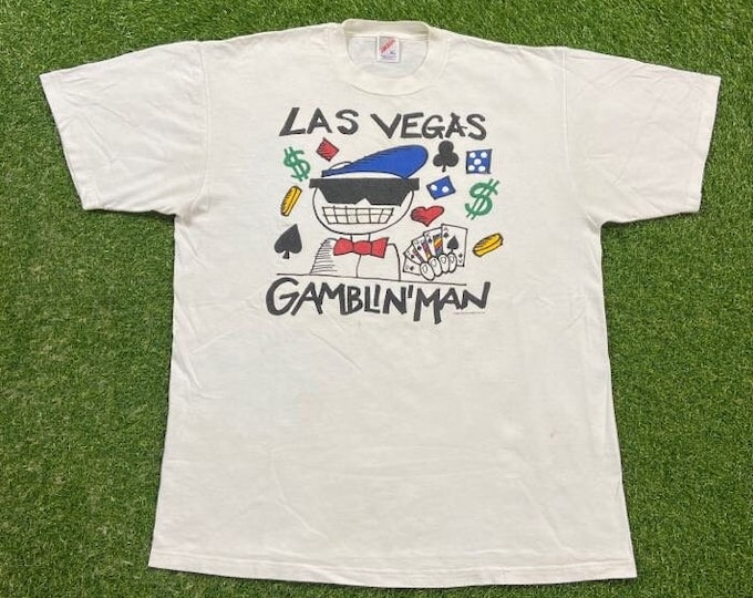 Vintage Las Vegas Gamblin' Man T Shirt Tee Jerzees Made USA Size Xtra Large XL Hotel Casino Gambling Nevada 1990s 90s