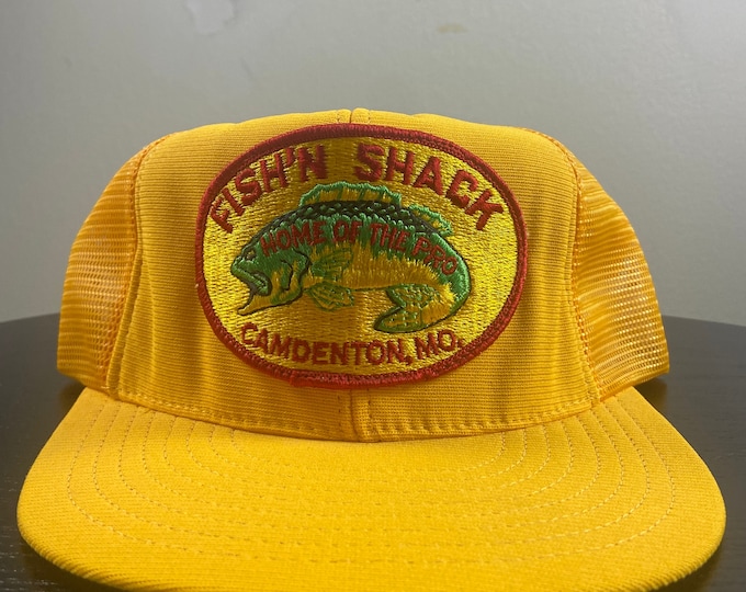 Vintage Fish N Shack Snapback Hat Outdoor Cap Made USA Size L / XL Fishing Hunting Nature Bass Pro Shop 1970s 70s Original Missouri