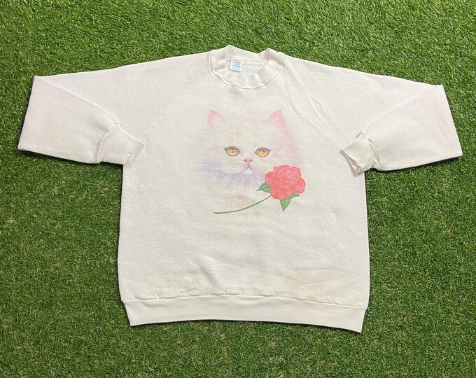 Vintage White Cat Crewneck Sweatshirt Made USA Size Large L Classic Animal Graphic Shirt Kitten Kitty Pet Pull Over Oversized 1990s 90s