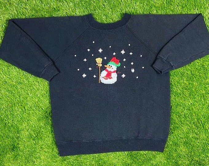 Ugly Snowmen Christmas Sweater Vintage Tacky Holiday Party Merry Santa Classic Hanes Her Way Made in USA Large Xmas 90s 80s Pull Over Cozy