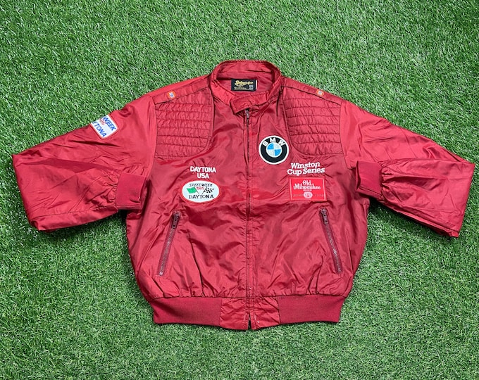 Vintage NASCAR Jacket Swingster Size Large L BMW Winston Cup Series Daytona 500 Speed Week All Over Racing 1990s 90s Classic