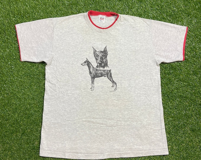 Vintage Doberman Dog Portrait T Shirt Tee Anvil Made USA Size Xtra Large XL Puppy Dog Breed Snoop Doggy Dog 1990s 90s