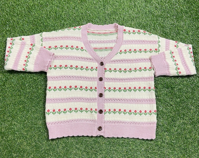 Vintage Floral Knit Cardigan Sweater Size Small S Flowers Gardening Love Bees Caterpillars Nature Plants 1980s 80s Cute Grandma