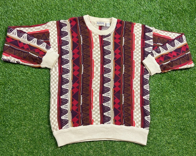 Vintage Multicolor Knitted Crewneck Sweater Size Xtra Large XL Quality Cool Pattern Warm Winter Pull Over Oversized 1990s 90s Coogi Like