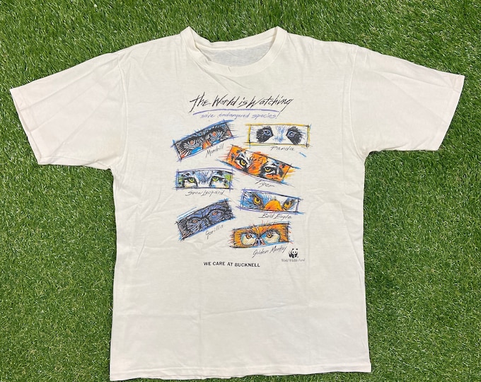 Vintage World Wildlife Fund T Shirt Tee Size Large National Wildlife Federation Animals Habitat All Over Print Cool 1990s 90s