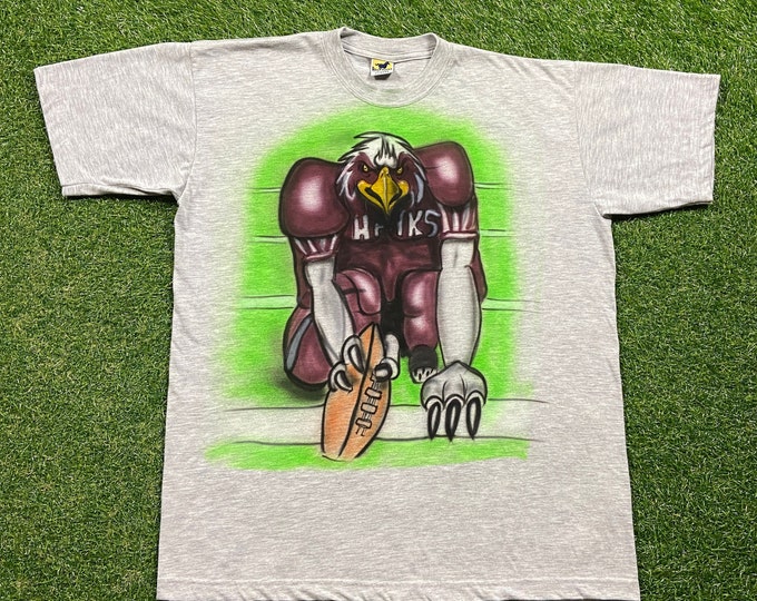 Vintage Hawks Football T Shirt Tee Blue Horz Size Xtra Large NCAA College Football Airbrush